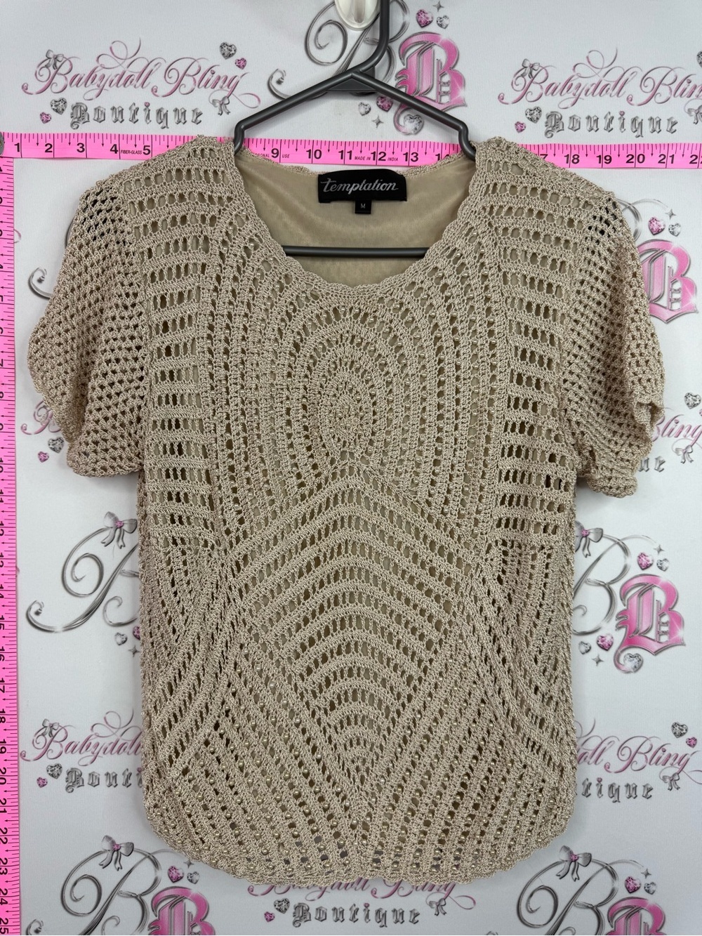 Temptations crochet knit Beige Open Crochet Short Sleeve Top